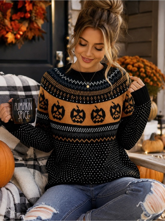Sweaters - Retro Cozy Pumpkin Fair Isle Halloween Sweater